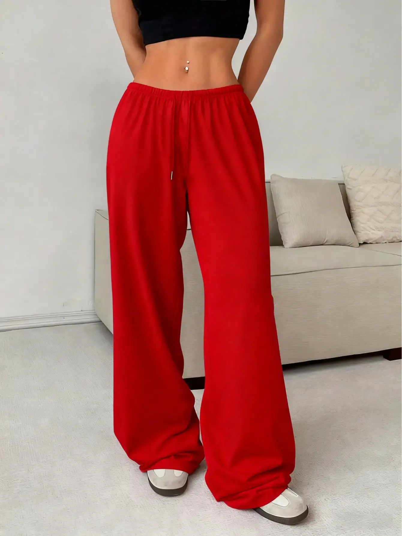 Pantalones Deportivos Casuales para Mujer 2026, Cómodos, Holgados, de Color Sólido, con Cordón Ajustable y Cintura Elástica, de Pierna Ancha, para las Cuatro Estaciones