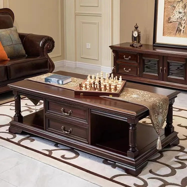 

American country living room coffee table solid wood retro carved Roman column storage table villa large apartment coffee table