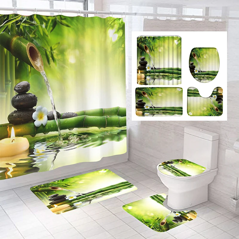 Full Set Bathroom Shower Curtain And Toilet Bath Mat Non-slip Rug Carpet Green Bamboo Bathroom Curtain For Bath Decoration