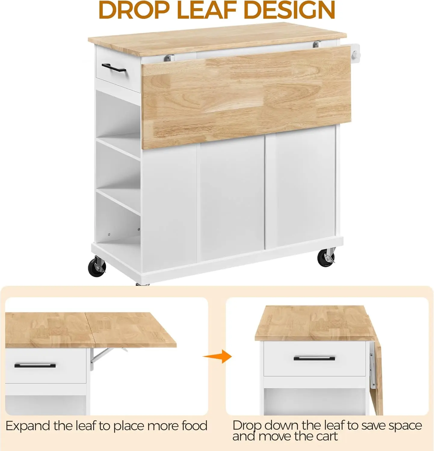 Rolling Kitchen Island Cart with Drop Leaf, Portable Rubberwood Breakfast Bar with Storage Cabinet, Open Shelves & Detachable To