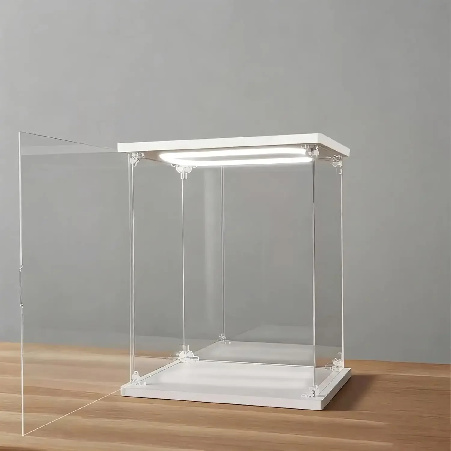 LED Acrylic Display Case with White Base for Figurines & Coins, Openable Miniature Showcase, Perfect for Collectibles & Displayi