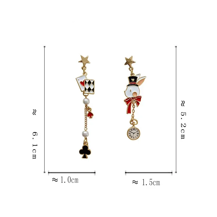 Self Designed S925 Needle Personality Funny Poker Earrings Cute Alice In Wonderland Little Rabbit Asymmetric Drop Earrings