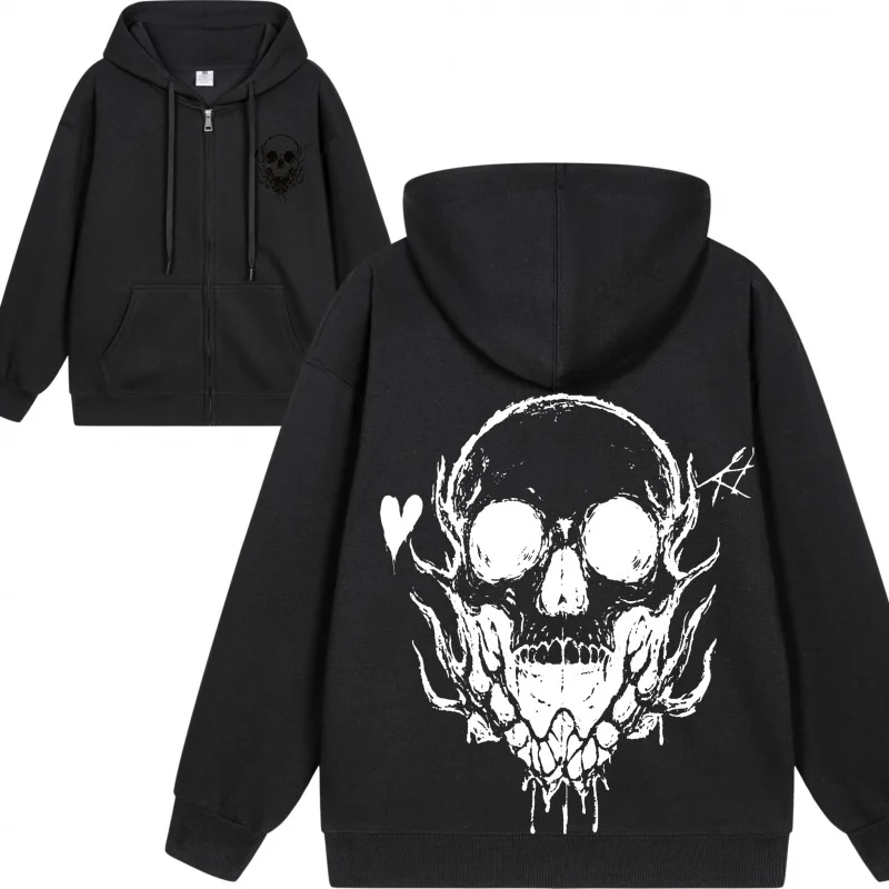 Moletom com capuz masculino com zíper e design de caveira em moletom preto 2025 novo estilo casual para casais casual e solto