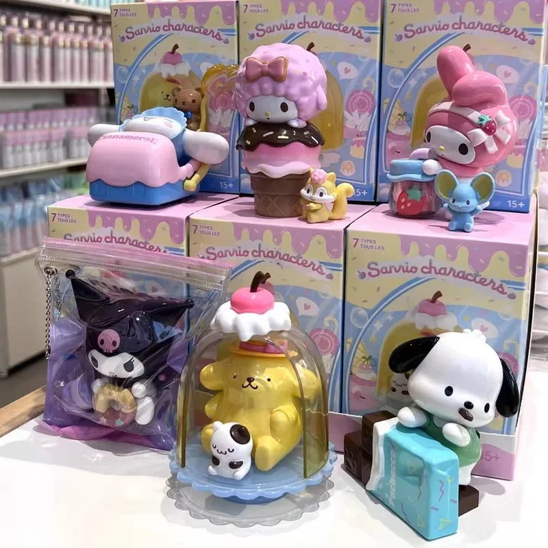 Sanrio comida diversão série caixa cega minha melodia cinnamoroll pochacco pompom purin kuromi kawaii anime figura brinquedo decoração menina presente de natal