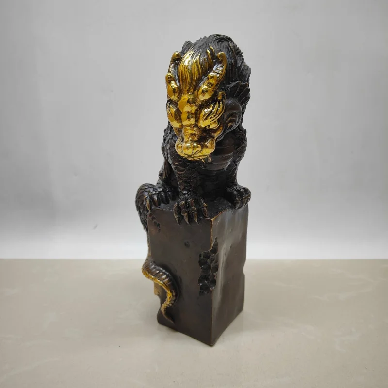 Antique collectible brass water-beasting ornament, gilded copper dragon seal decoration, craft item