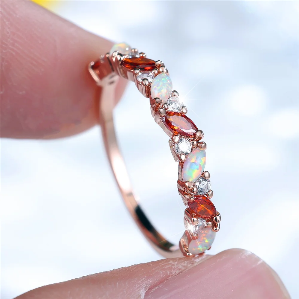 Female White Fire Opal Stone Ring Red Crystal Promise Love Engagement Rings For Women Rose Gold Color Wedding Jewelry