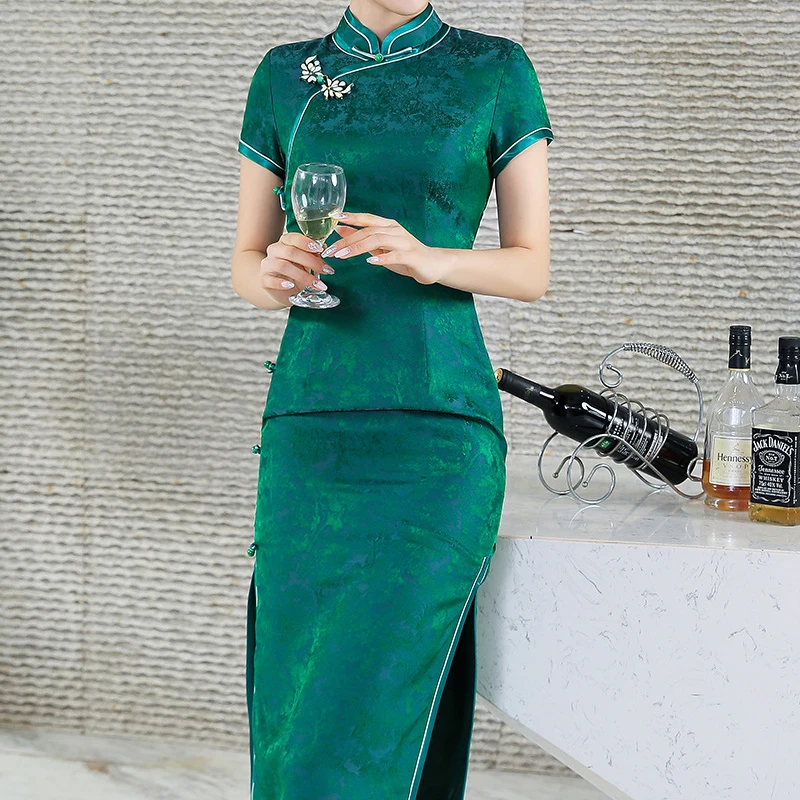 

Women Jacquard Silk Chinese Traditional Qipao Dress Sexy Knee-length Slim Cheongsam Mandarin Collar Formal Party Gown Vestidos