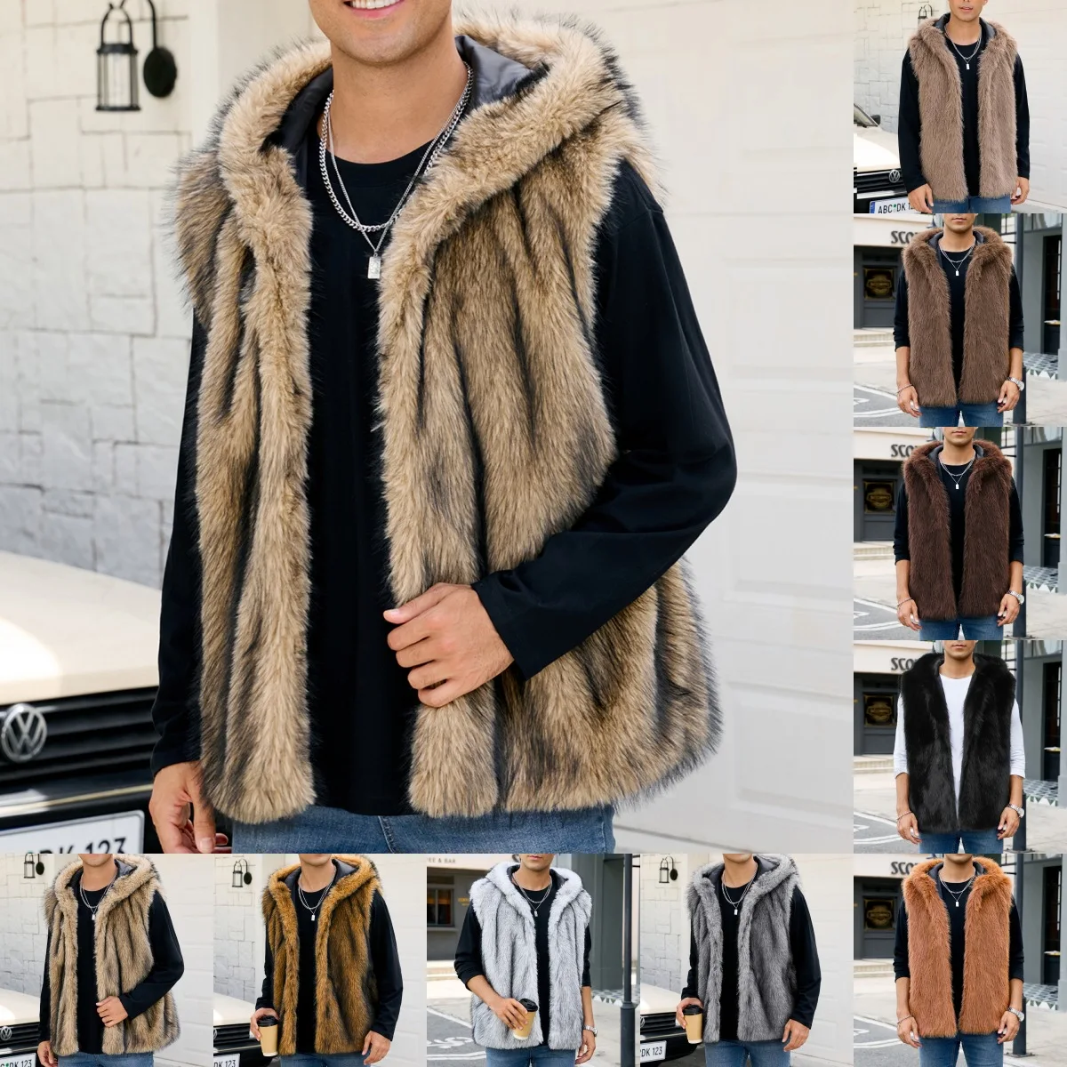 

Autumn Winter 2025 Men Faux Fur Short Coats Vests Jackets Hooded Coat Thick Sleeveless Streetwear Jacket Work Outerwear