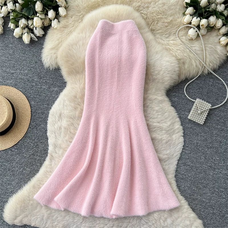 Damen Kunstnerz Gestrickter Meerjungfrauenrock Hohe Taille Weicher Flauschiger Warmer Pulloverrock Herbst Winter Eleganter Figurbetonter Langer Midirock 636 – Detail 17