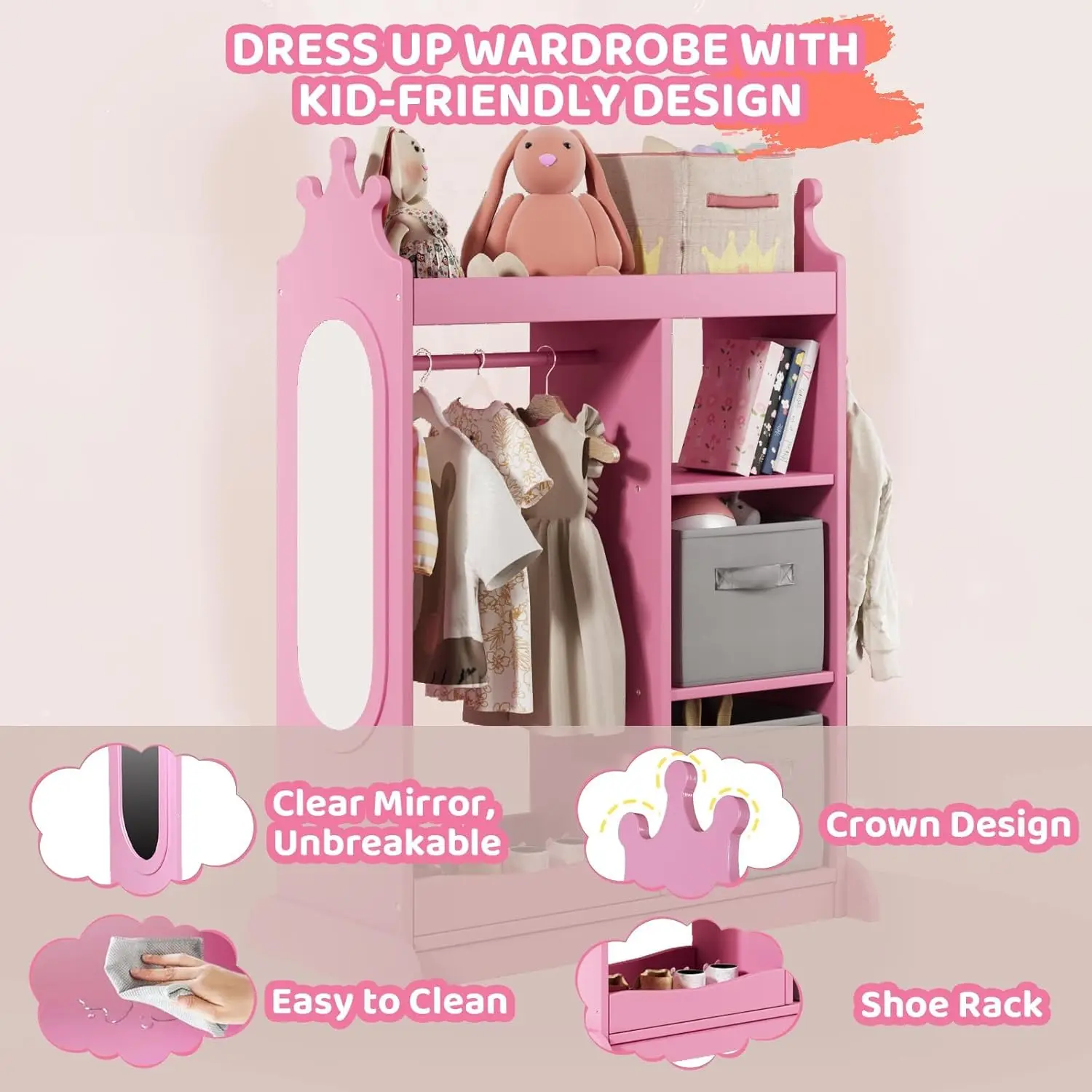 Wardrobe with Mirror, Open Dress Up Storage Kids Armoire Wardrobe with 3 Tier Storage Shelf,2 Fabric Storage,Shoe Rack, Kids Dre