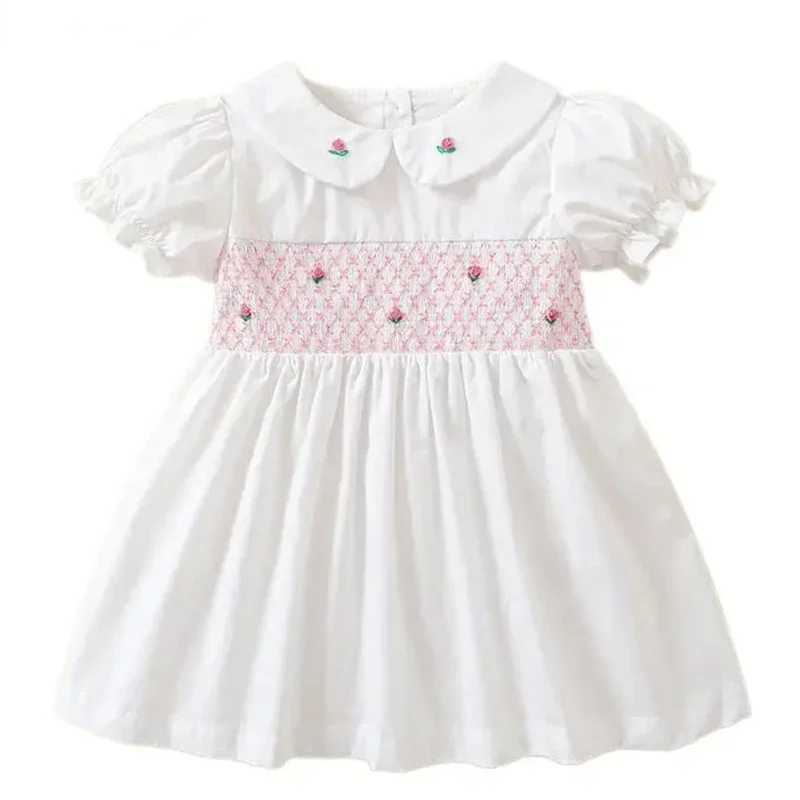 

2024 Girls Kids Vintage Smocked White Boutique Design Handmade Embroidery Dresses for Baby Children Outfits Summer Matching