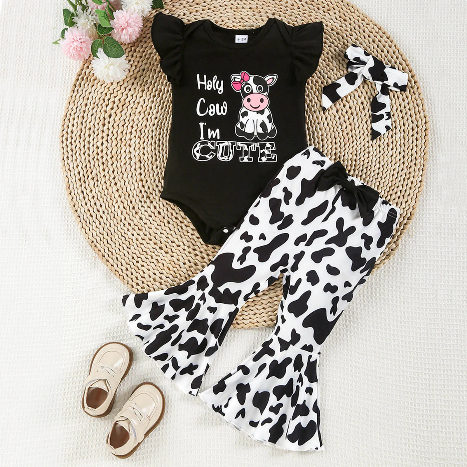 3Pcs Infant Baby Girls Clothes Sets Cow Words Prints Short Sleeve Rompers Trousers Headband Outfits Newborn Baby Clothes 6M 12M