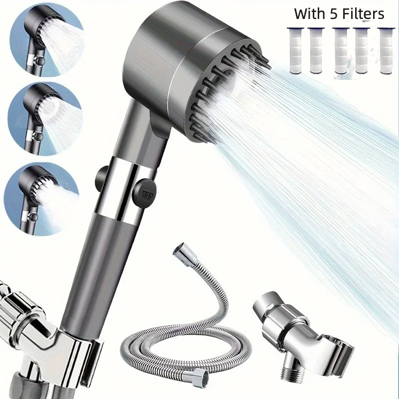 

Stainless Steel Fixer+5 Filters Shower Head Set, 3 Adjustable Modes, Stainless Steel Panel & Adapters, Perfect Christmas Gift, Christmas Shower Head.My Order.