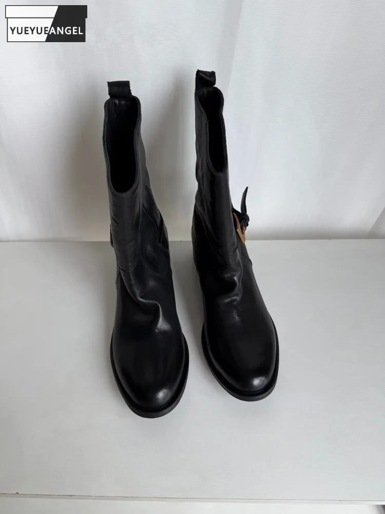Women Solid Color Buckle High Top Work Safety Shoes Comfortable Ladies Low Heels Round Toe Horsehide Genuine Leather Ankle Boots