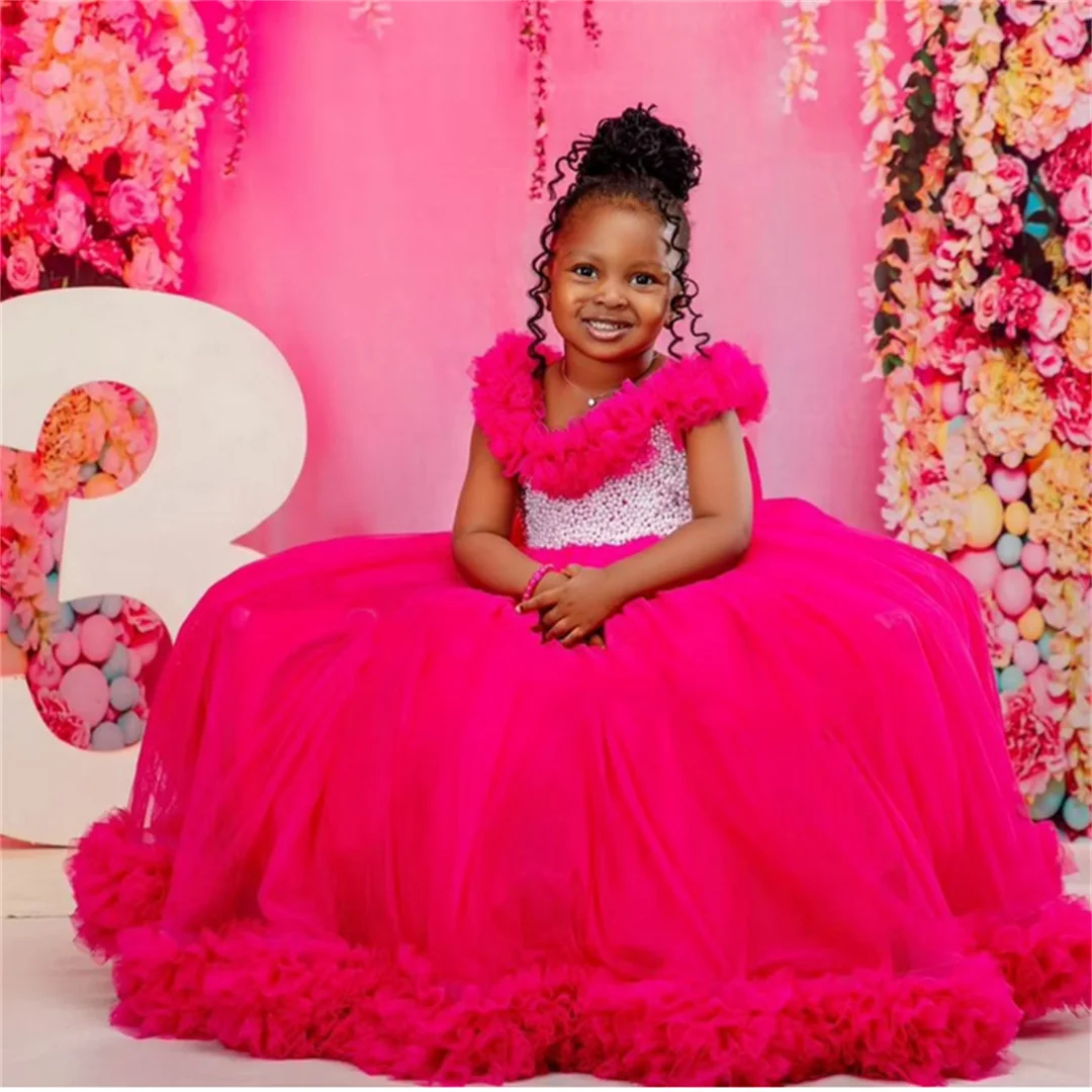 Red Tulle Flower Girl Dress For Wedding Pearls Applique Puffy Floor Length Pleated Princess Kids First Communion