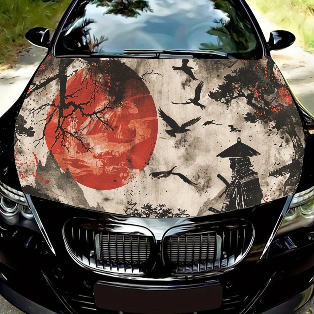 

Japanese Sunset Samurai Crow Car Hood Vinyl Wraps Sticker, Car Engine Decal, Waterproof Self-adhesive Car Packaging Cover, Unive