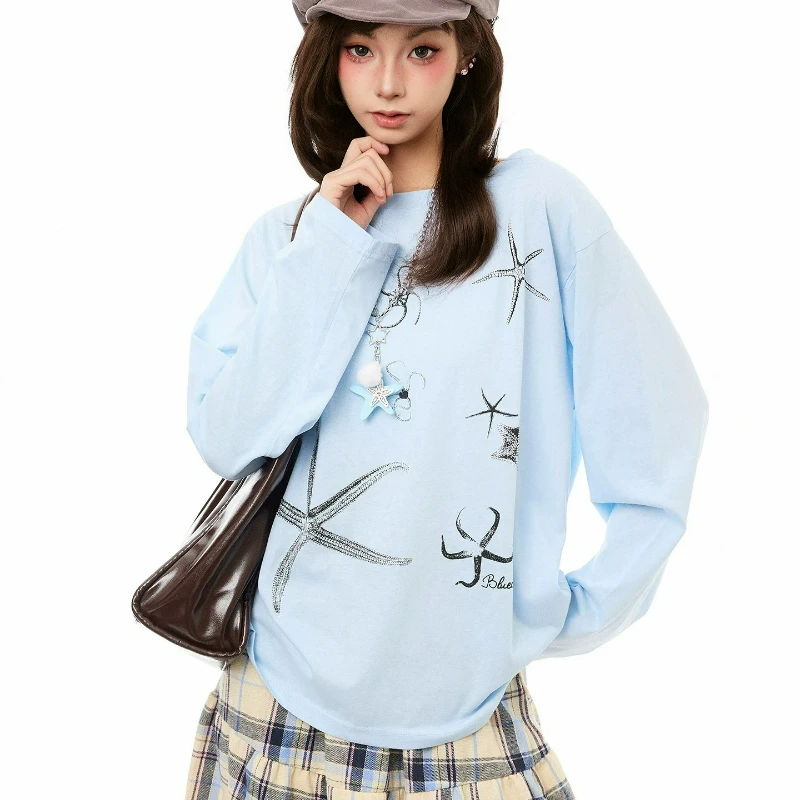 American Hot Girl Star Printing Women's Long-sleeved T-shirt 2026 New Loose Subculture Y2k Age-reducing Sunscreen Top Ladies