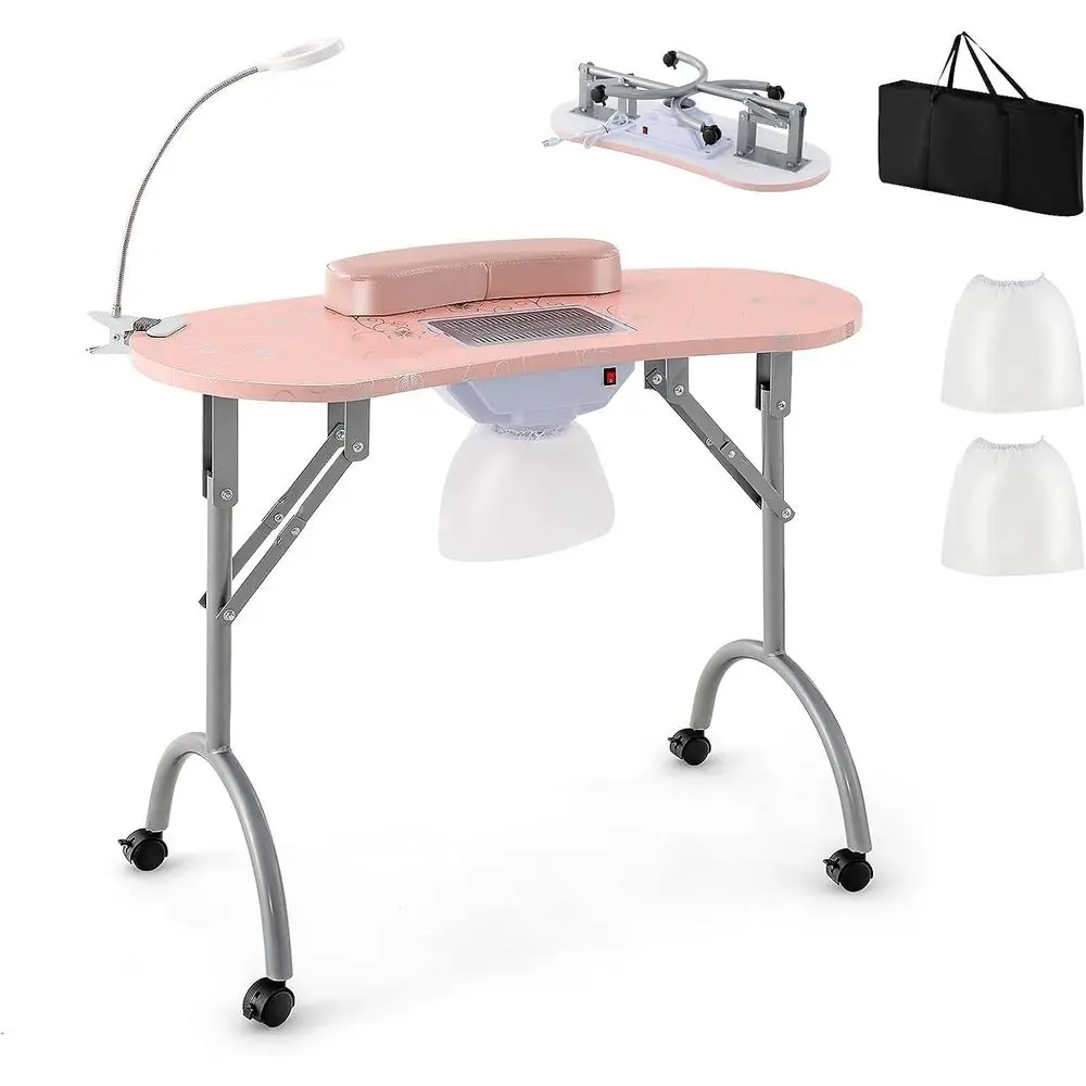 Portable Electric Manicure Desk with Adjustable Vent, LED Lamp, Removable Armrest, Dust Bag, Lockable Wheels - Pink