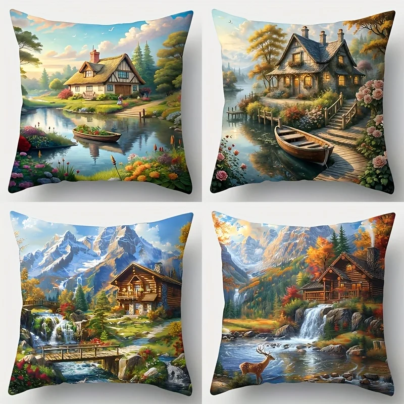 4Pcs Pastoral House Cushion Covers 45x45cm Double Sided Print Lake Mountain Scenery Pillow Cases Decorative Pillowcase No Core