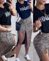 2024 Summer Casual Slight Stretching Leopard Print Letter Print Top and Drawstring Split Skirt Set