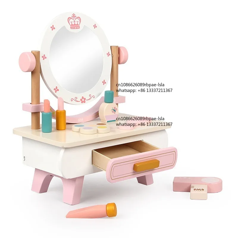 Wooden Dressing Table Pretend Play Set with Mirror Fashion Pretend Play Toy for Preschool Girls Early Educational Role Play