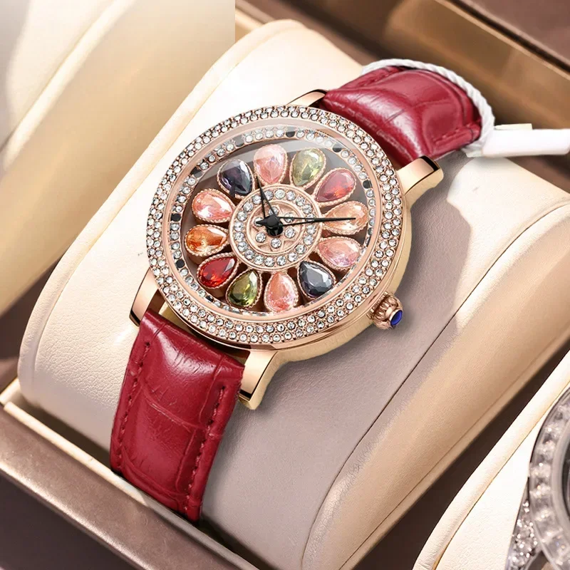 

Unique Rotable Design Women Watches Fashion Red Leather Rose Gold Dial Casual Quartz Wrist Watch Women Waterproof Party Gift