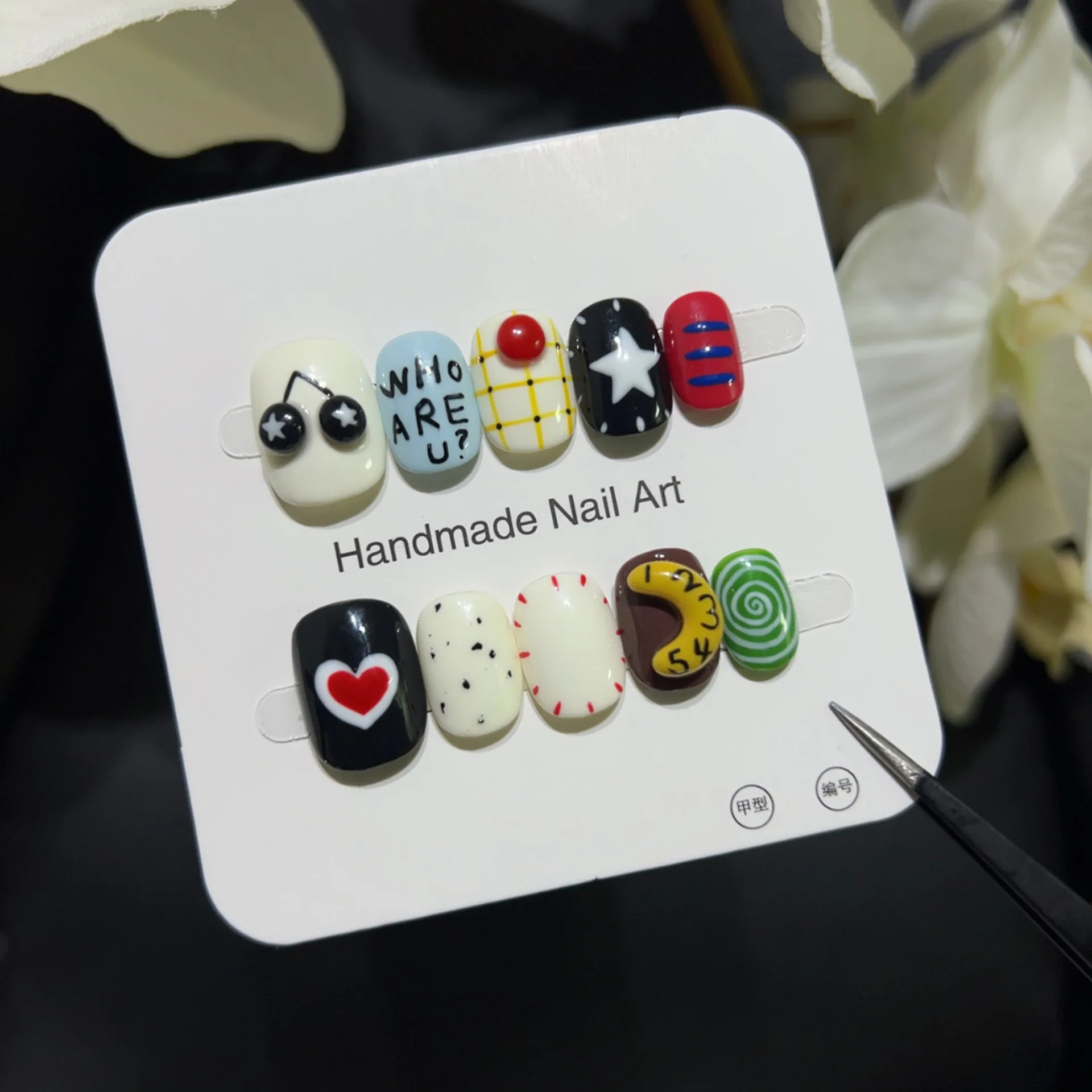 

10pcs Handmade Short Press On Nails Cute Handpaint Patterns 3D Cartoon Design Sweet Cool Fake Nail Wearable Nails Art Tips Girls