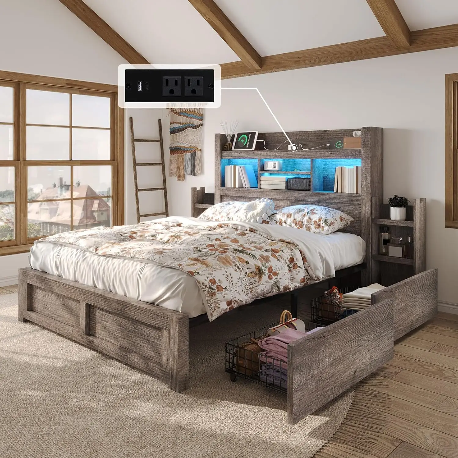 

Full Bed Frame With 49.6"" Bookcase Headboard & 2 Detachable Bedside Stoage Racks & 4 Drawers, Farmhouse Wood Bed Frame With