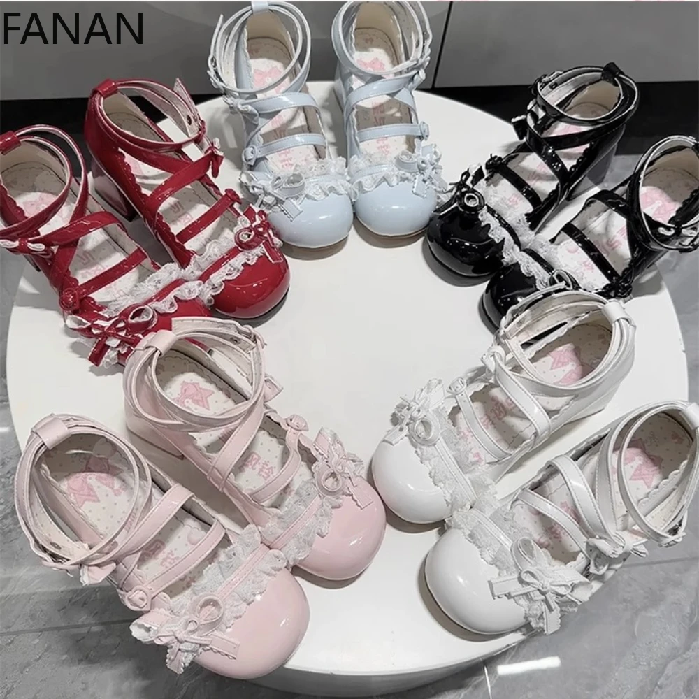 

2025 New Lolita Platform Low Heels Shoes Cute Lace Lace Sweet Mary Jane Pink Waterproof Leather Shoes Princess Pumps