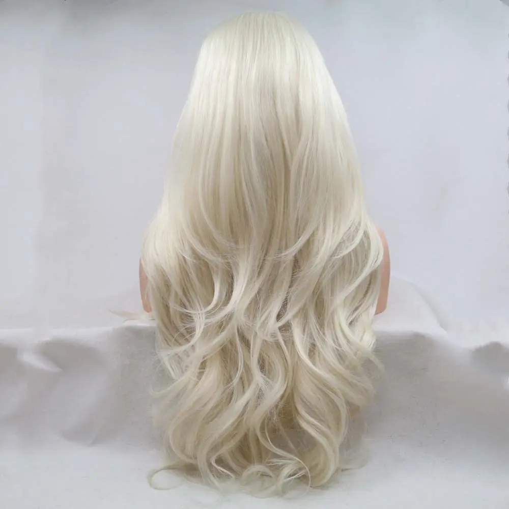 Peruki Sylva Platinum Blonde 60.#Kolor Biały blond Syntetyczna koronka z przodu Blond Falowane włosy Peruka Włókno termoodporne Długie faliste peruki