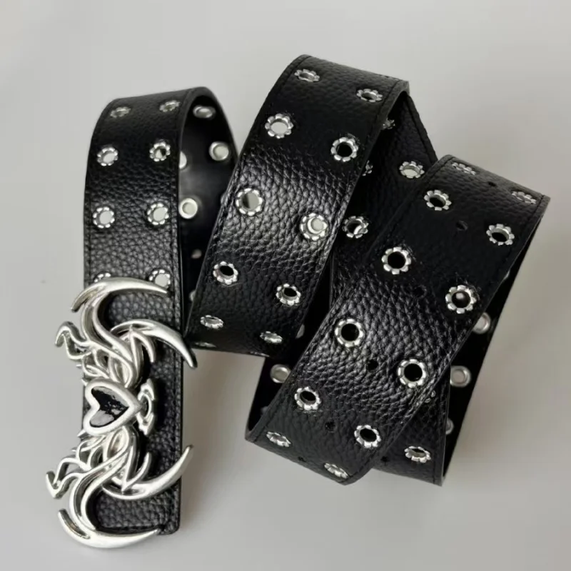 Sabuk Kulit Wind HeartPULeather Dua Sisi, Gaya Retro Street Fashion Wanita, Serbaguna, Pengetat Pinggang, Berpaku Rivet