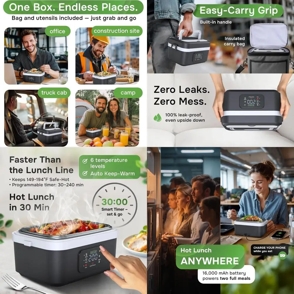 

Portable Electric Lunch Box for Adults - 16000mAh, 6 Temperature Levels, 1L Leak-Proof Food Warmer with Timer, Phone Charger, In