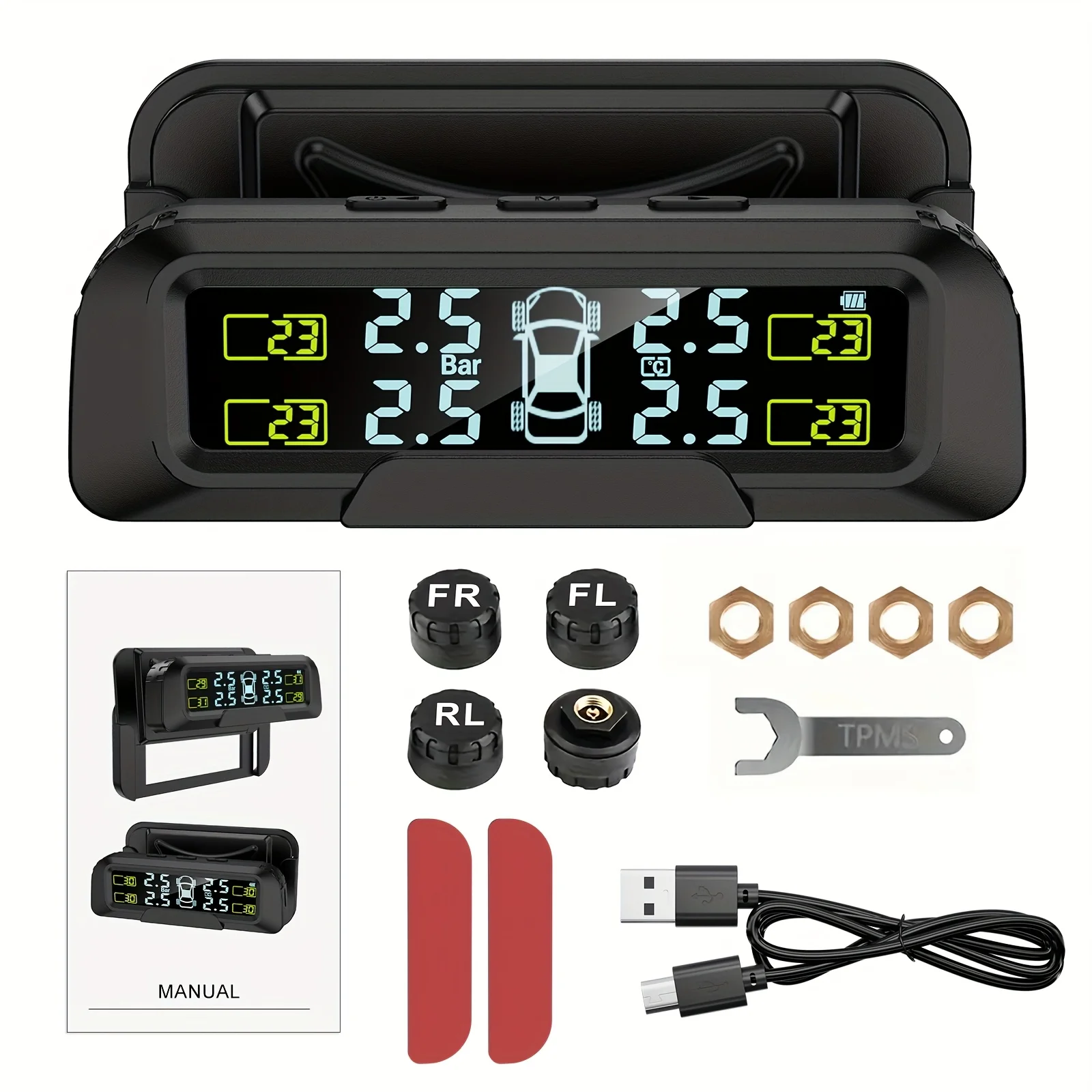 نظام مراقبة ضغط الإطارات يعمل بالطاقة الشمسية لسيارة SUV بيك اب MPV ORV TPMS طقم أجهزة استشعار خارجية لاسلكية قوس قابل للفصل