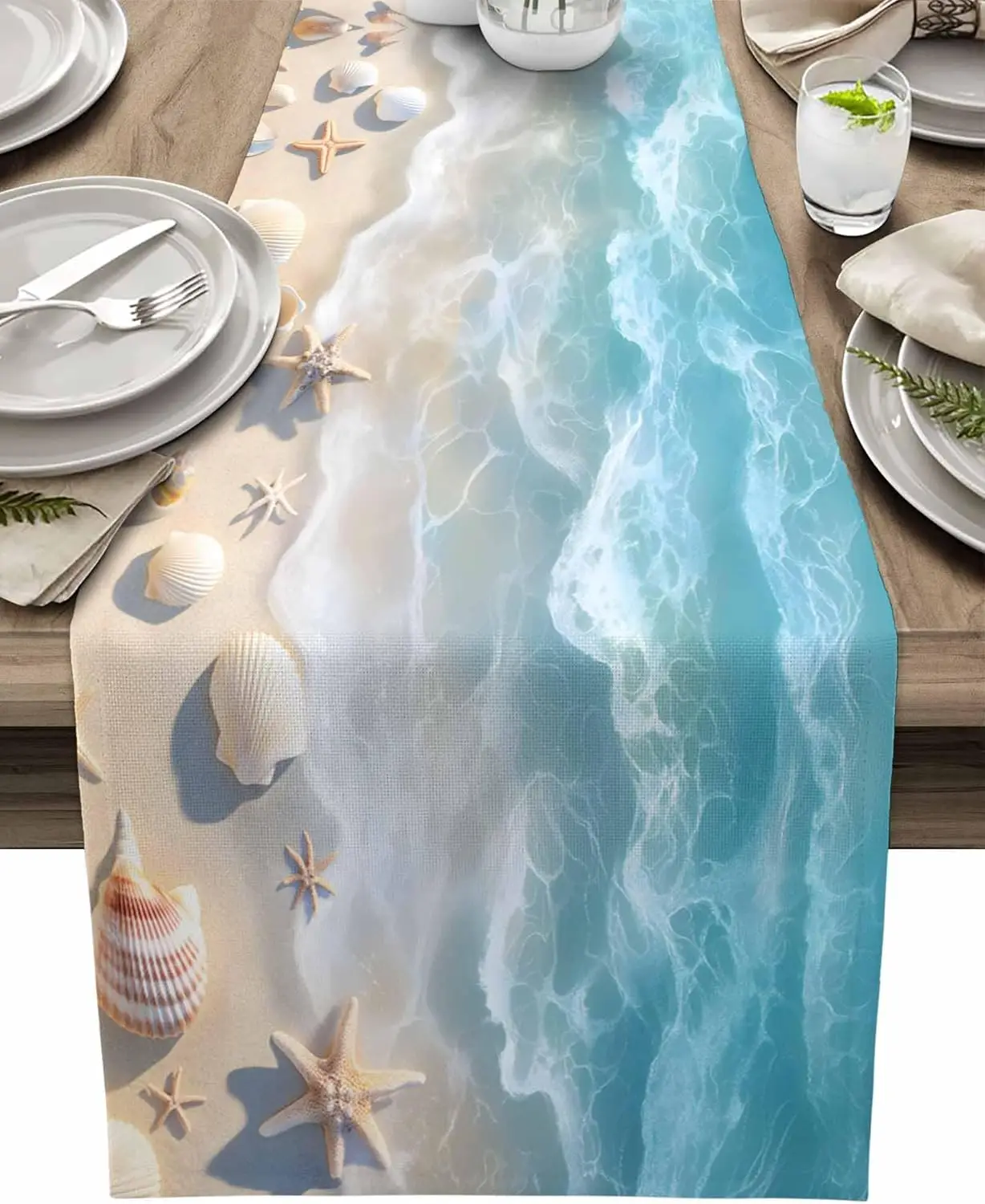 Summer Beach Shell Blue Water Ripple Linen Table Runner Party Decor Reusable Kitchen Dining Table Runner Wedding Decorations
