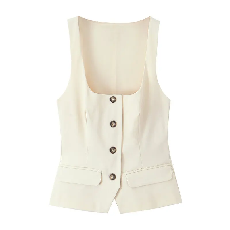 

Spring 2025 Women's Faion Versatile Button Decorated Square Collar Svel Ele Top New Arrival