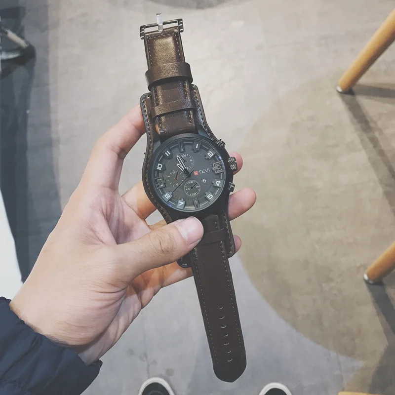 Hot Fashion Watch Men Large Dial Sport Watches Leather Strap Oversized Quartz Wrist Watch Army Military Clock Relogios Masculino