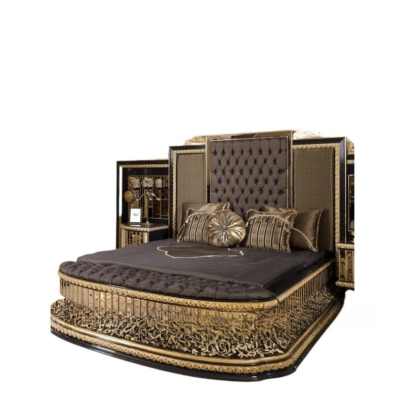 

European style solid wood bed Italian court carving flower fabric soft