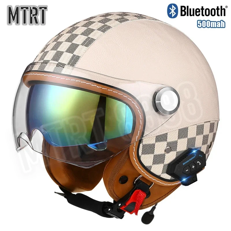 Motorcycle Helmet for Women Men Retro Leather Helmets Moto Bluetooth Electric Car Half Helmet Double Mirror Safety Helmets