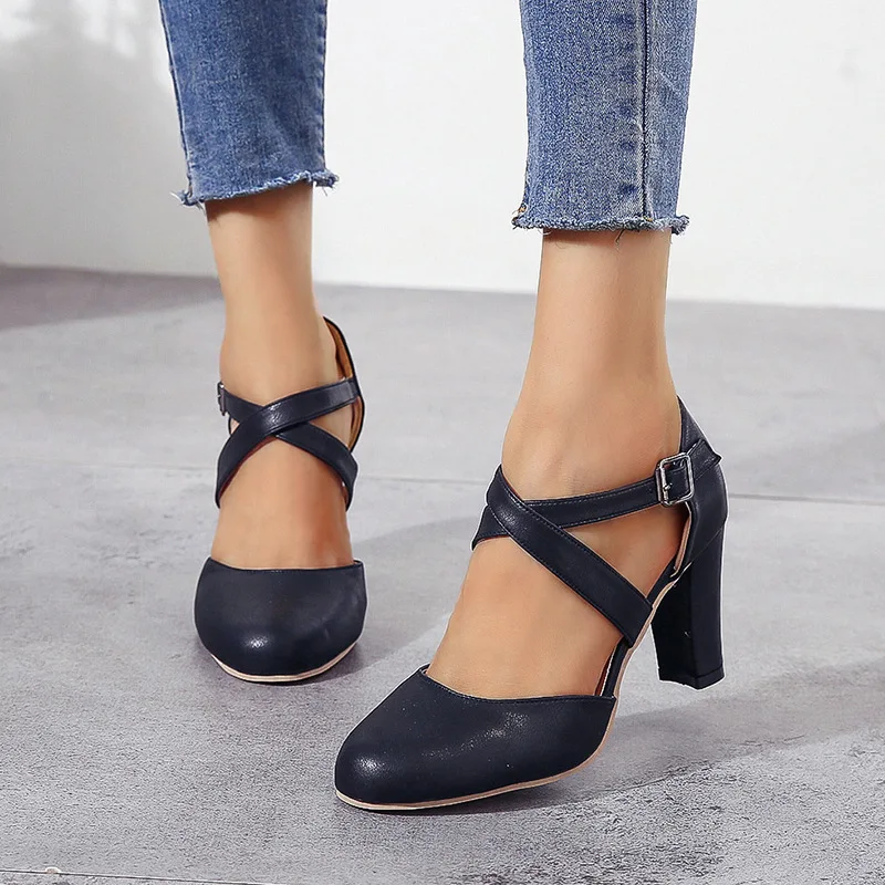 Women High Heels Shoes  Autumn New Round Toe Chunky Heel Casual Platform Women's Shoes Female Belt Buckle view 5