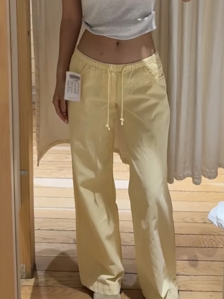 Amarelo bolso cordão calças de perna larga mulheres verão baixa cintura elástica solta calças casuais estilo preppy doce calça reta novo