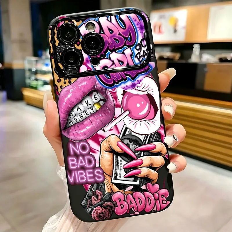 Hip Hop Pink Lips Baby Girl Graffiti Print Phone Case For iPhone 17 16 15 14 13 12 11 Pro Max Plus Soft Shockproof TPU Cover view 4