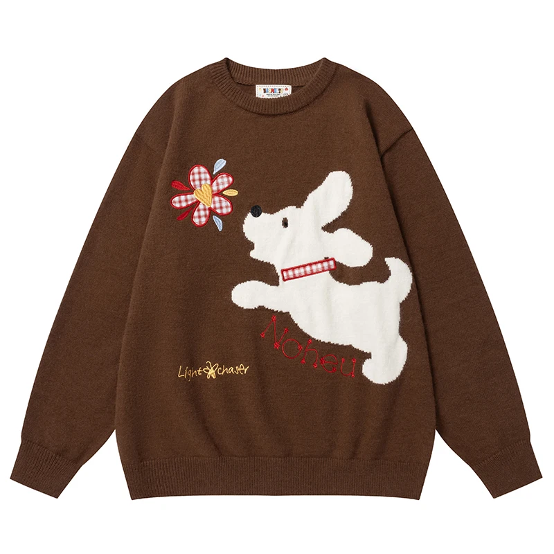 ฤดูใบไม้ร่วงบุรุษถักเสื้อกันหนาวน่ารักการ์ตูนสุนัขกราฟิกเสื้อสตรีทแวร์ฮาราจูกุลำลองหลวมพอดีเสื้อถักเสื้อผ้า