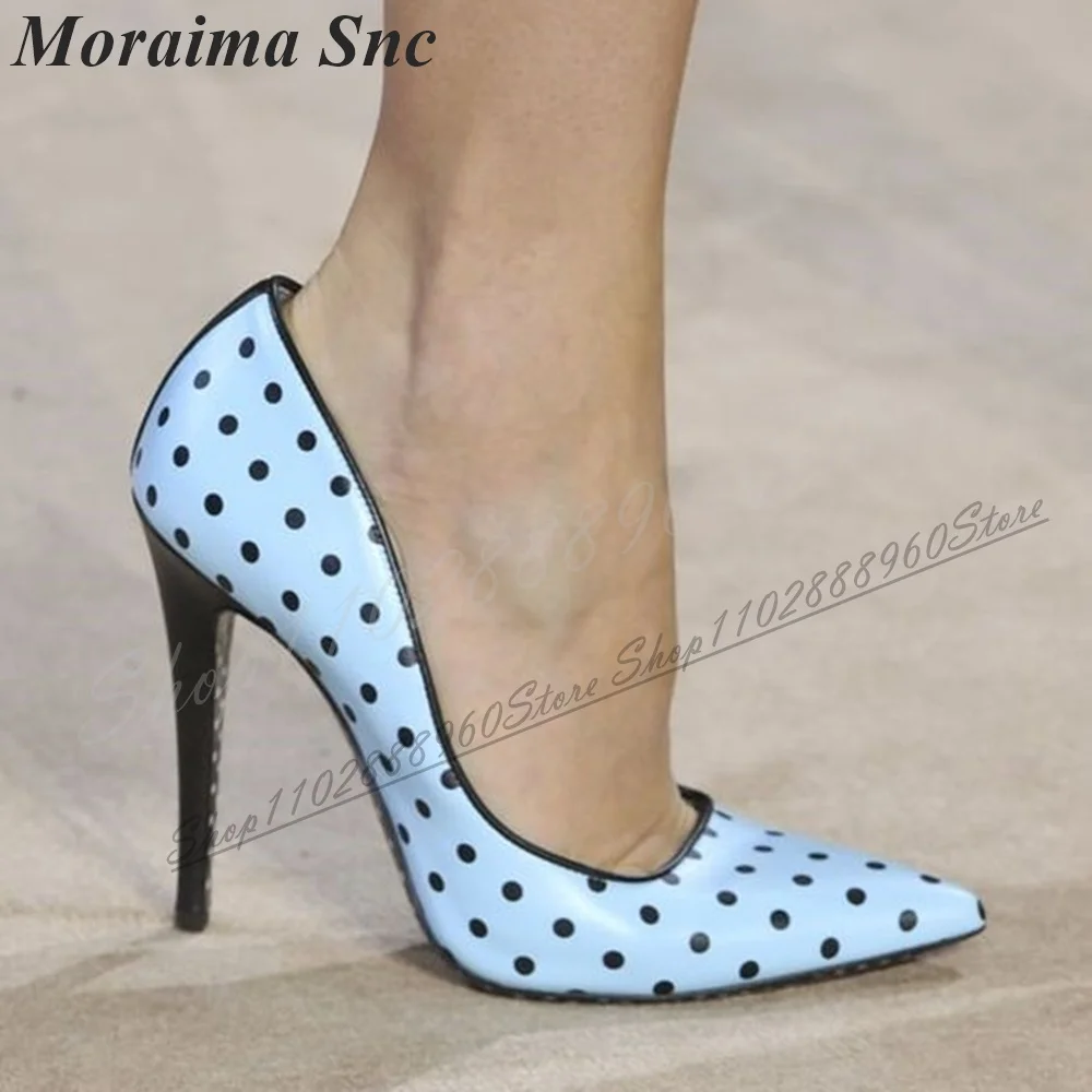 Trendy Light Blue Dot Print Runway Pumps Thin High Heel Shoes For Women Slip On Pointed Toe 2024 Fashion Zapatos Para Mujere