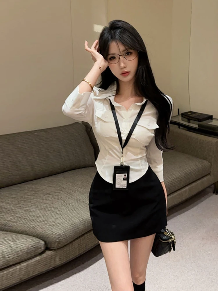 

Slim Fit Neck Shirt And Skirt Set with Belt Single Button Seven Sleeve Length High Waist Summer Casual Fashion Student U...