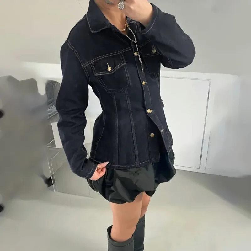 Talenza Women Vintage Denim Jacket Fashion Y2K Patchwork Casual Long-Sleeved Denim Coats Top Autumn Women New Streetwear Outfits