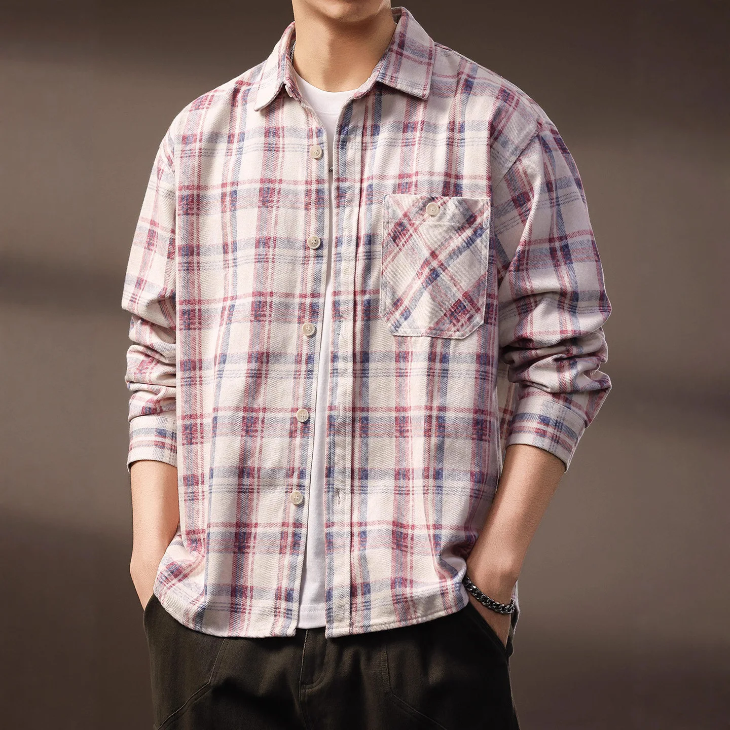New Fashion Autumn Men Pink Daily Simple Basic Casual Trendy Turn-down Collar Long Sleeve Loose Fit Shirt Cardigans Male Tops