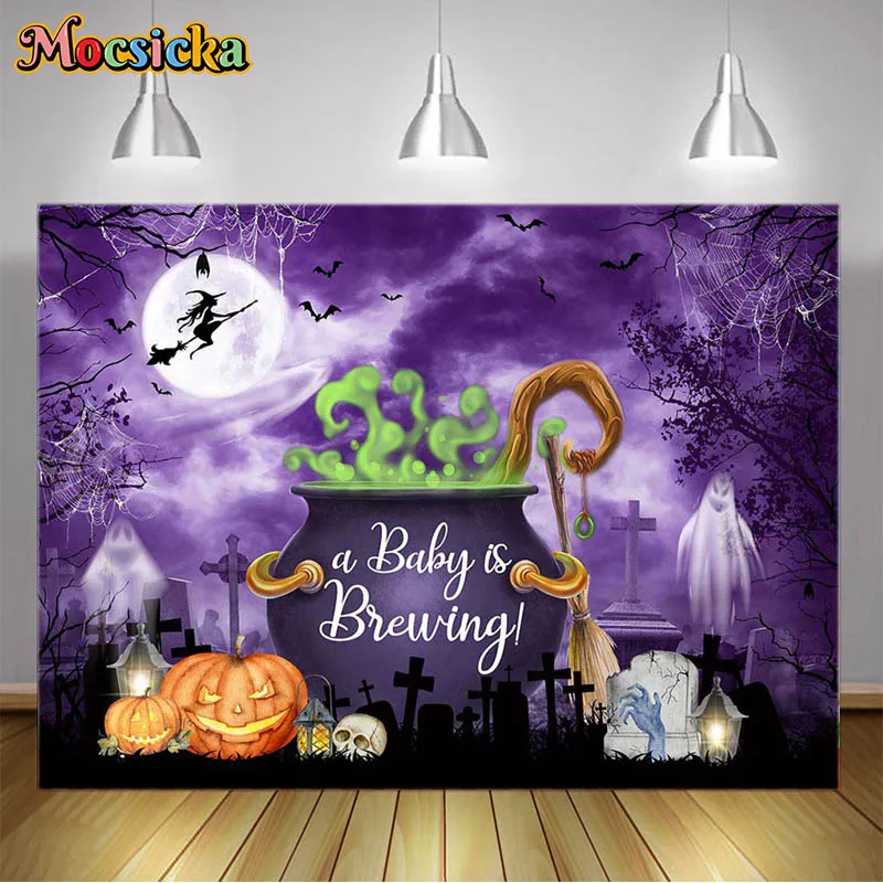 Mocsicka Photography Backdrops Halloween Witch Pumpkin and Cauldron Autumn Bats Animal Boiler Backgrounds Photo Booth Props