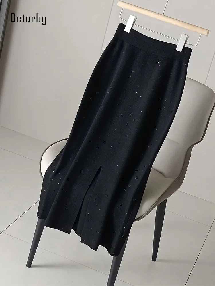 

Women's Knitted Sequined Back Splits Skirt High Waist Anti-Pilling Black Draped Office Midi Pencil Skirt 2024 Fall Winter K330