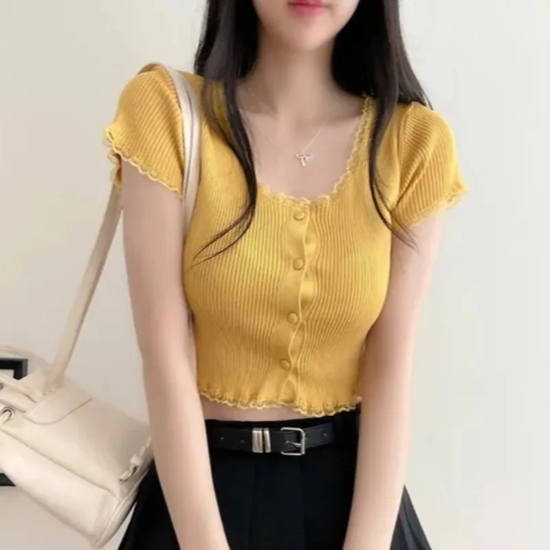 Top de Encaje Tejido para Mujer, Estilo Dulce y Versátil de Verano, Estilo Suave que Deja el Vientre al Descubierto, Encaje C...