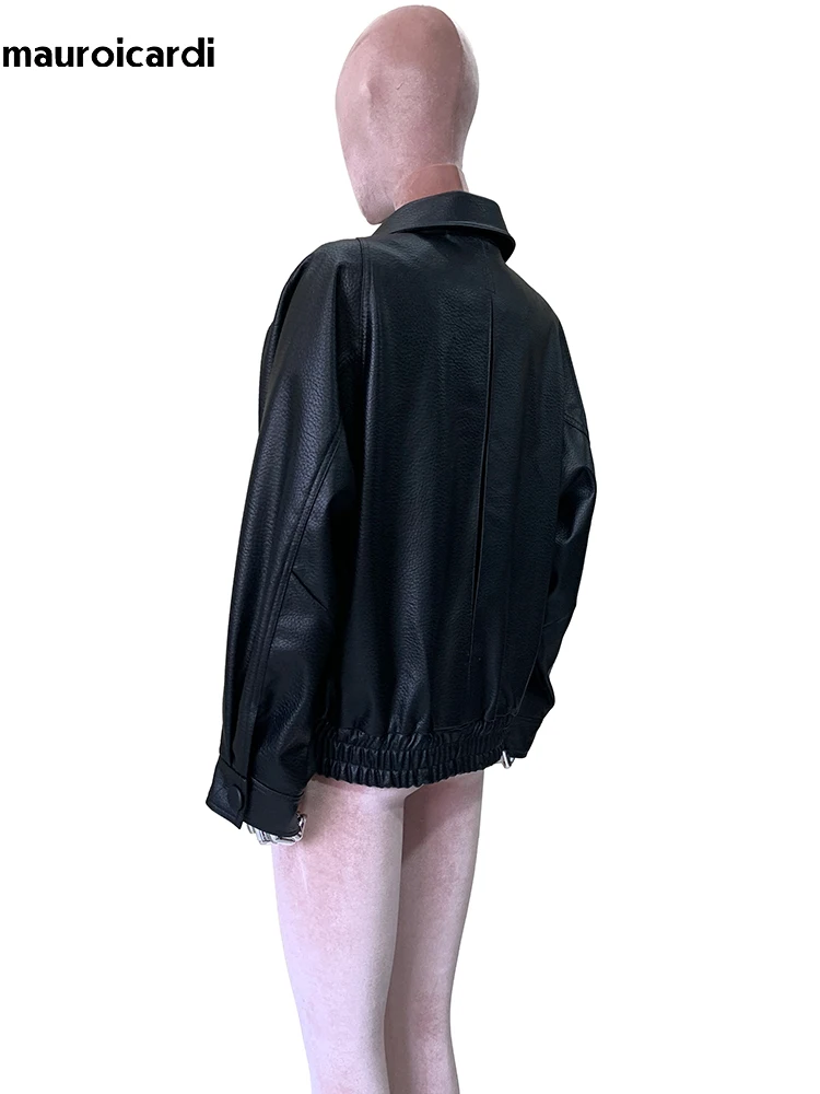 

Lautaro Spring Autumn Short Black Soft Pu Leather Jacket Women Raglan Sleeve Double Breasted Elegant Luxury Designer Clothing